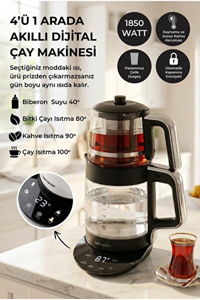 Bernardo Roma Dijital Akıllı Cam Demlikli 1800 W Çay Makinesi ve Kettle Siyah...
