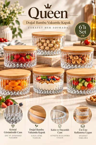 Fhilli Queen - 6'lı Bambu Vakum Kapaklı Cam Kahvaltılık Çerezlik 260 ml