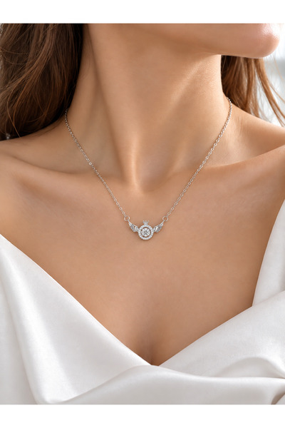 Evorya Women's Stainless Steel Zircon Stone Solitaire Ring and Angel Wing Necklace