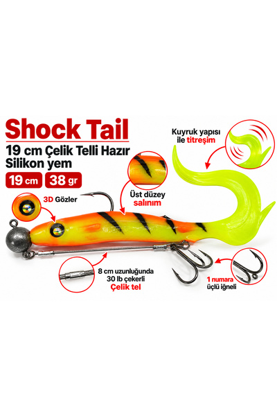 sr sazanrig Shock Tail 19 cm 6 No.20 Gr Çelik Telli Zokalı Silikon Yem 38 GR