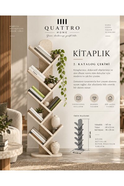 QUATTRO HOME Ekru Traverten Desenli 10 Raflı Dekoratif Kitaplık - 147 cm