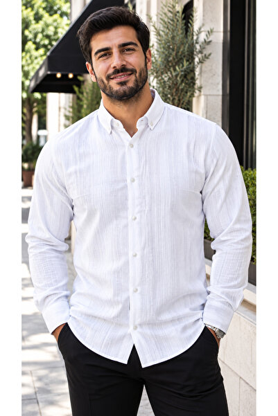 EMPEROR APPAREL Erkek Beyaz Uzun Kollu Armürlü Keten Gömlek