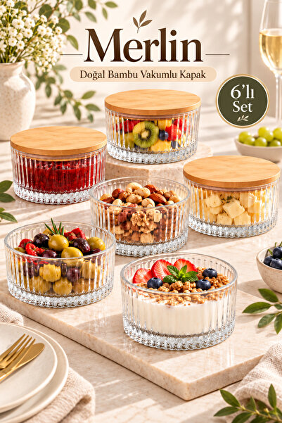 Fhilli Merlin - 6'lı Bambu Vakum Kapaklı Cam Kahvaltılık Çerezlik 10 cm