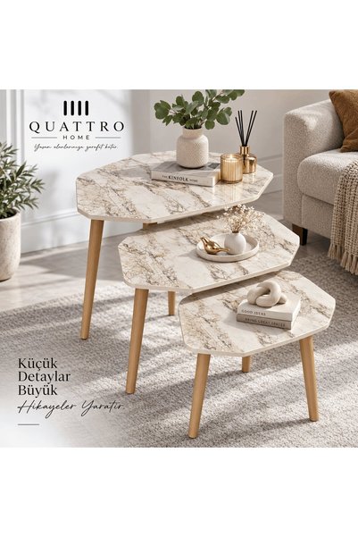 QUATTRO HOME Bej Mermer Desenli 3'lü Geometrik Zigon Sehpa Seti