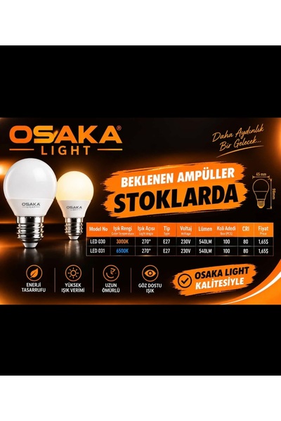 Osaka Light 7w = 50w Eşdeğer 6500 Kelvin Beyaz Işık E27 Duylu G45 Top Led Amp...