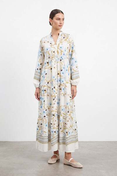 Soul Çiçek Desenli Bohem Maxi Elbise -32531ELB Mavi