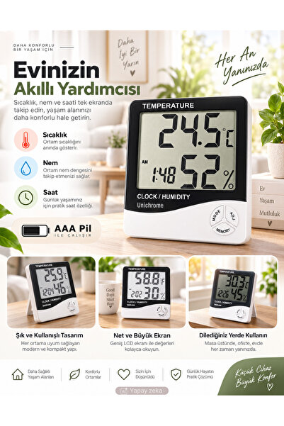 Unichrome Dijital Oda Termometre Sıcaklık Ve Nem Ölçer Masa Saati Alarm