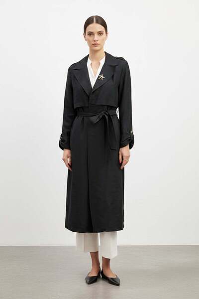 Puane Women's Brooch Detailed Belted Midi Length Trench Coat-15250Trc Black