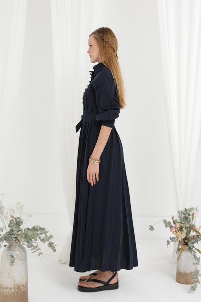 Loreen Women's Belted Button Detailed High Collar Dress - 20688Elb Navy Blue