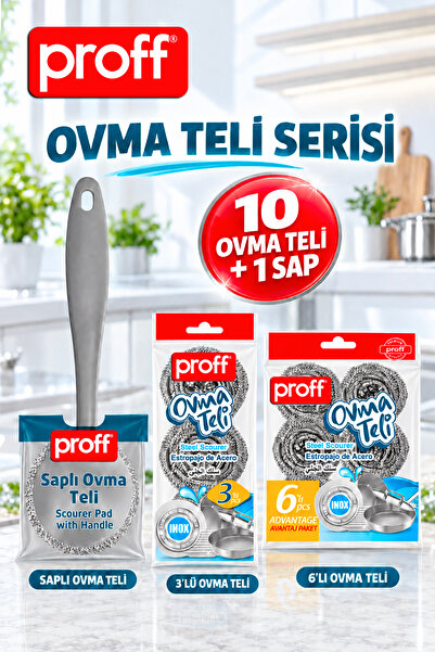 Proff Saplı Ovma Teli Seti - 10 Adet İnox Bulaşık Teli ve 1 Adet Tutma Sapı