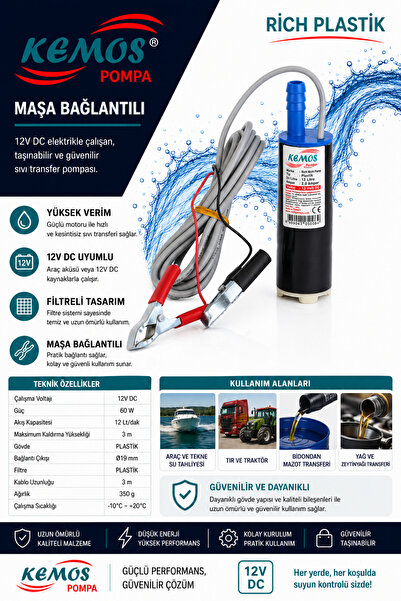 Kemos Rich Plastik 12 Vdc Sıvı Aktarma Pompası