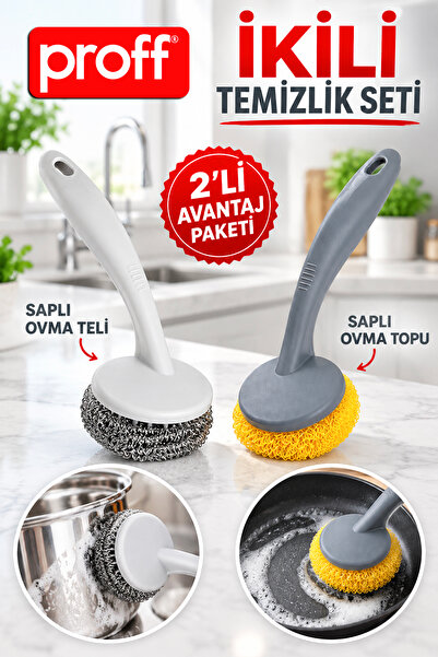 Proff İkili Temizlik Seti - Saplı Çelik Ovma Teli ve Çizmez Saplı Ovma Topu B...