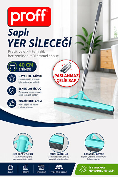 Proff Turkuaz Yer Sileceği ve Paslanmaz Çelik Sap Seti 40 cm Dayanıklı Esnek ...
