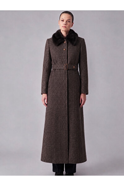 Zühre Women's Fur Collar Belt Detailed Cashmere Plum Coat 13425