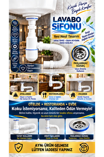 Genel Markalar Esnek Lavabo Sifonu Gider Borusu Koku Önleyici Sızdırmaz Bağla...