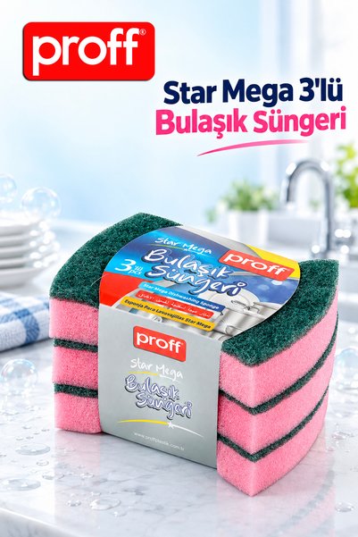 Proff Star Mega 3'lü Bulaşık Süngeri - Zorlu Kirler İçin Büyük Boy Oluklu Keç...