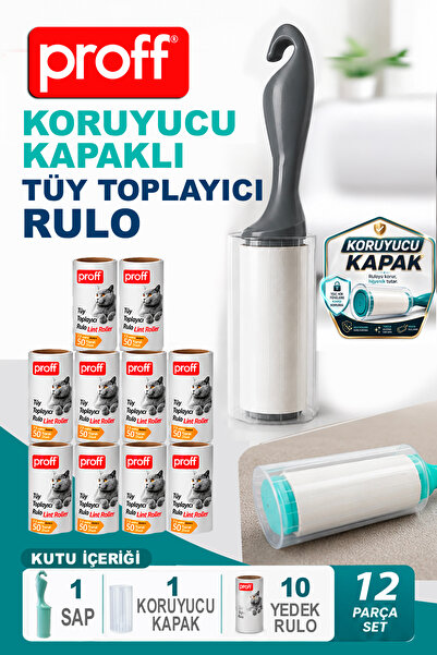 Proff Hijyenik Kapaklı Tüy ve Toz Toplayıcı - 12 Parça Stokluk Set (1 Sap + 1...