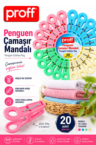 Proff Penguin 20-Piece Clothes Pegs Set, Non-Marking, Strong Spring, Unbreakable, Colorful Pegs