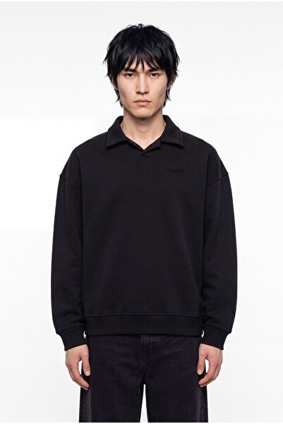 Machinist Erkek Basic Diagonal Polo Sweatshirt Siyah