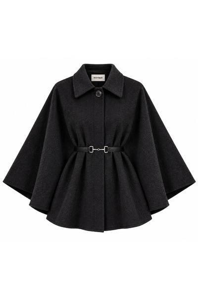 ECOTİQUE Women's Black Poncho Cape with Belt and Textured Cashmere Coat