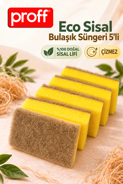 Proff Eco Sisal 5'li Bulaşık Süngeri - %100 Doğal Sisal Lifi Çizmez Çok Amaçl...