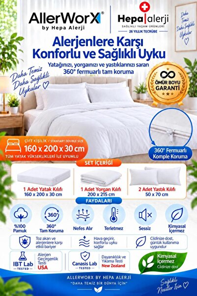 Allerworx Anti Alerjik Anti Akar Çift Kişilik Yatak Yorgan ve Yastık Kılıfı S...