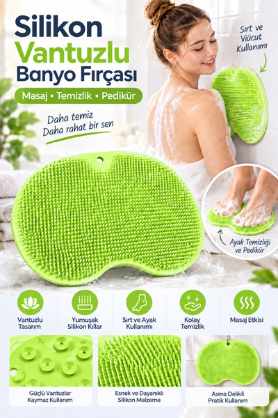 MUJGAN Vantuzlu Banyo Fırçası Ve Masaj Pedi Yeşil