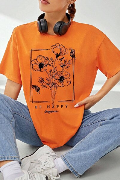uyguntarz Unisex Be Happy Printed Oversize T-shirt