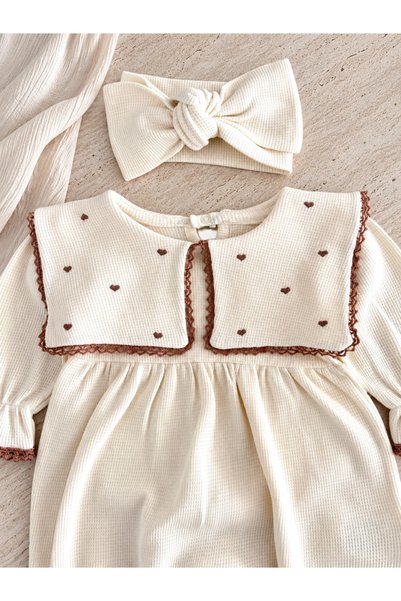 Jammybaby Maita Tulum Square Handkerchief Collar Heart Embroidered Waffle 100% Cotton Jumpsuit and Bandana Set