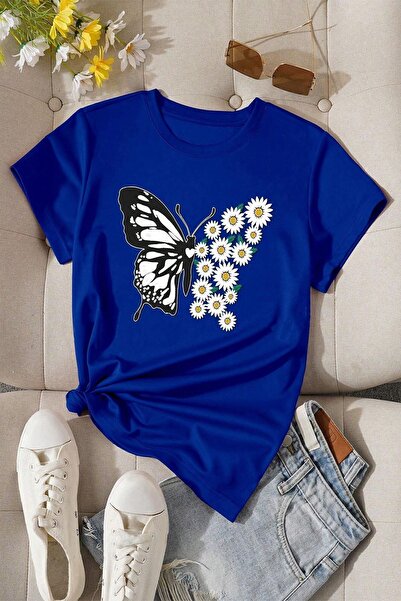 uyguntarz Pamuklu Papatya Kelebek Tasarım Tshirt