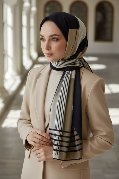 Vissona Crepe Geometric Patterned Beige Color 75X195 Non-Fading Shawl