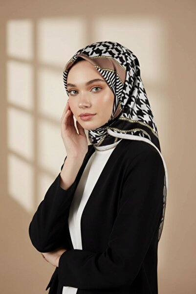VİOLLA Twill Kazayağı Desenli Bej Renkli 90x90 Eşarp (İpek İçermez) Kenar Dik...