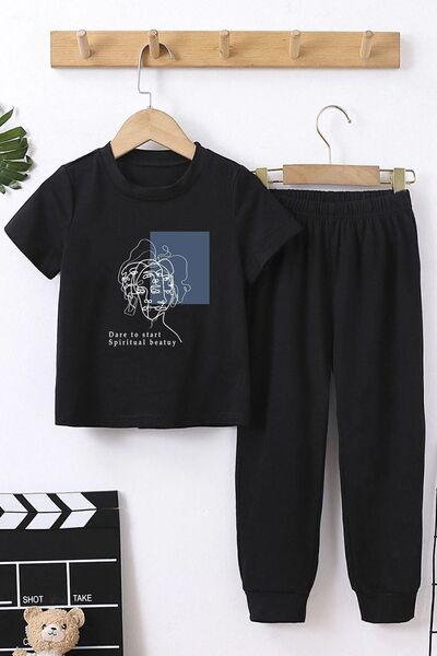 uyguntarz Kids Minimal Line Drawing Bottom - Top Tracksuit Set