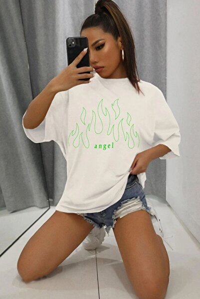 uyguntarz Women's Green Angel Printed Oversize T-Shirt