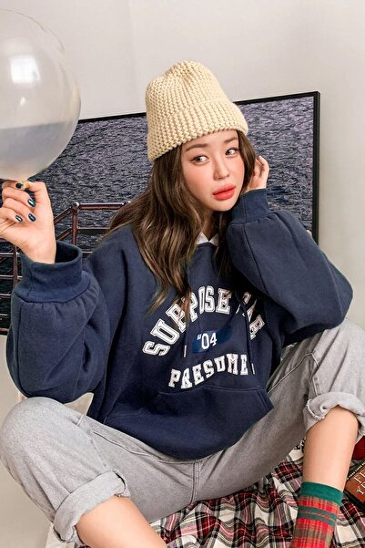 uyguntarz Kadın Lacivert Suppose Baskılı Oversize Sweatshirt