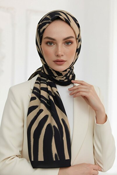 Vissona Crepe Geometric Patterned Beige Color 75X195 Non-Fading Shawl