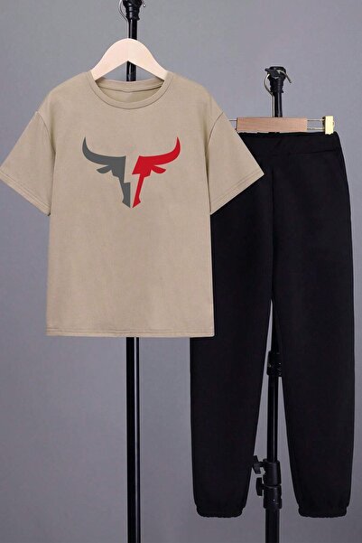 uyguntarz Children's Bull Printed Top and Bottom Tracksuit Set