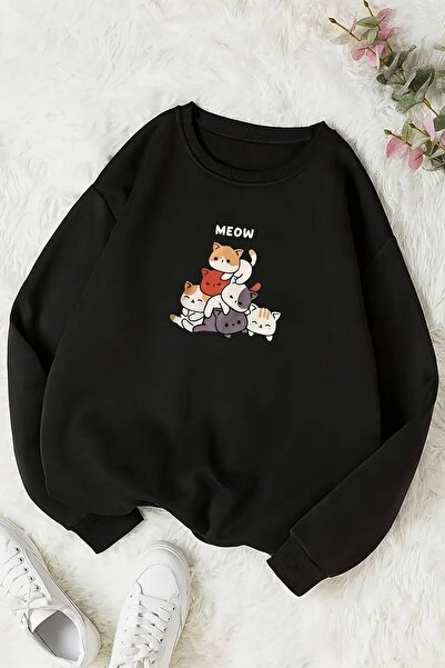 uyguntarz Meow Tatlı Kediler Baskılı Oversize Sweatshirt