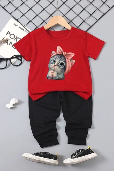 uyguntarz Children's Cute Cat Bottom - Top Tracksuit Set