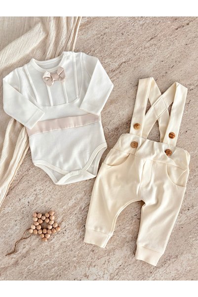 Jammybaby 100% Cotton Ribbed Stitching Snap-Closure Bodysuit and Suspender Jumpsuit with Satin Waist and Bow Tie Detail