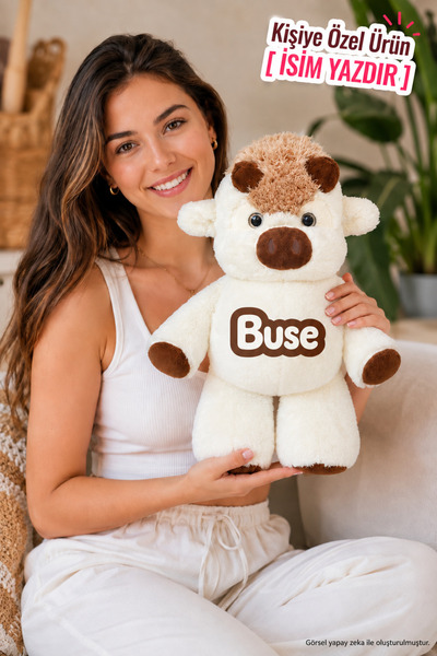 Pandamkee Kişiye Özel İsim Baskılı Koşan Peluş İnek - Yumuşacık Peluş, Eğlenc...