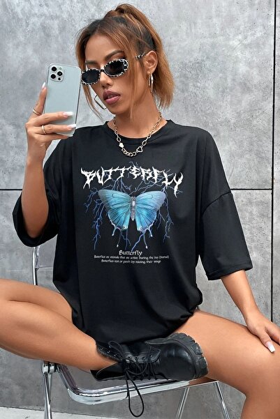 uyguntarz Unisex Blue Butterfly Printed T-shirt