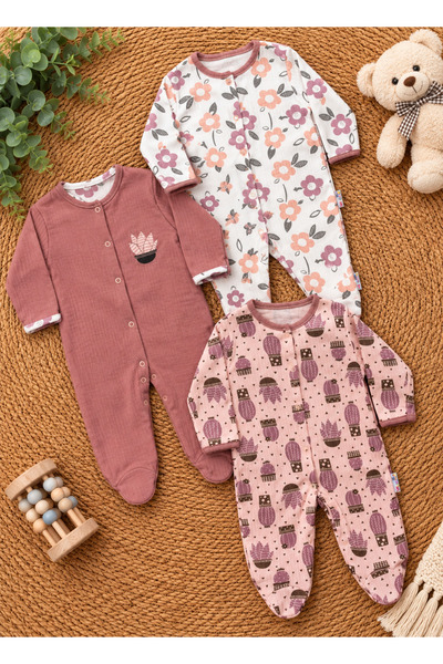 ENİA BABY Baby Girl Outfit Cactus Flower Patterned 100% Cotton 3-Piece Season...