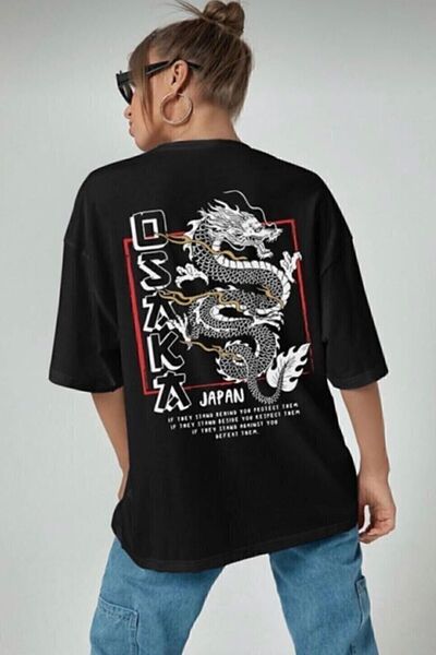 trendypassion Tricou negru din bumbac pieptănat cu imprimeu Osaka