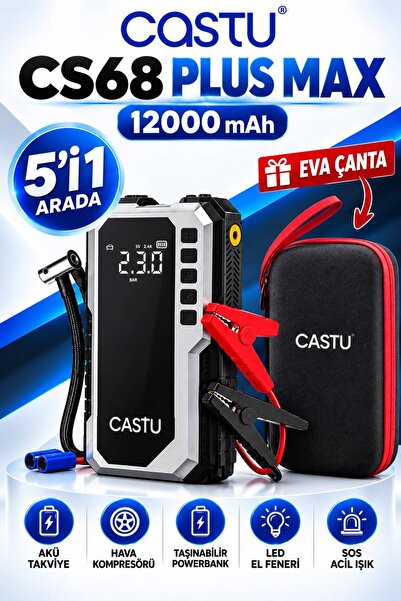 HOTSY CS68 12000mAh Akü Takviye Cihazı ve Hava Kompresörü 5in1 Jump Starter Powerbank 150 PSI
