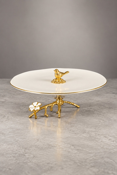 MAY HOME Porcelain Presentation Holder - Bird Detailed, Footed Plate and Gold...