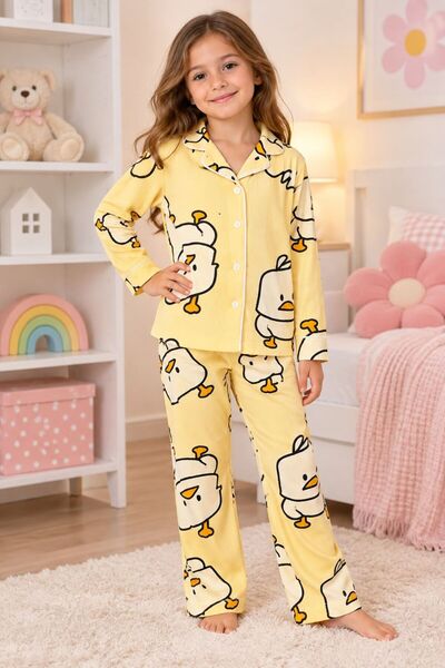 tusem butik homewear Girls' Cotton Suede Fabric Yellow Chick Pattern Long Sle...