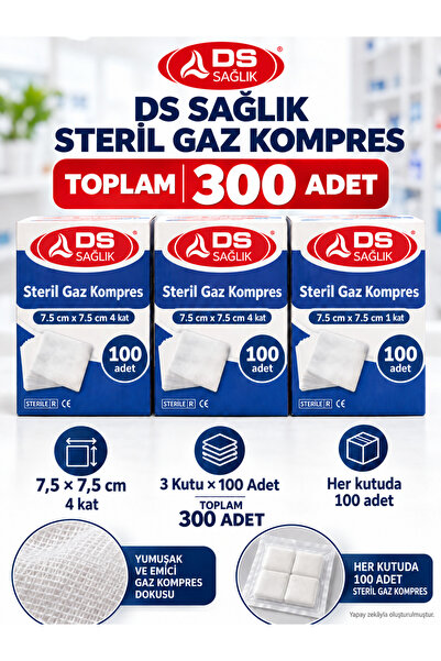DS Sağlık Gaz Kompres - Steril - 7,5cmx7,5cm 300 Adet Spanç 25"li Paket