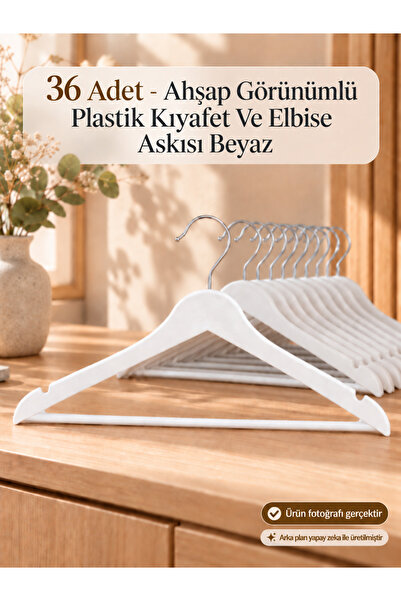 BabyLondy 36 Adet - Ahşap Görünümlü Plastik Kıyafet Ve Elbise Askısı Beyaz