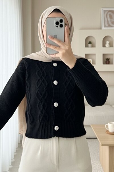 Modamorfo Roztrhaný Crop Cardigan s kamennými knoflíky - černý